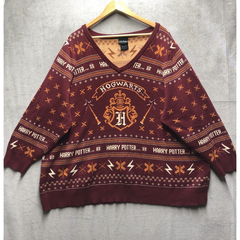 Harry Potter Women’s Sweater Size 4 Burgundy Oversized V Neck Thrashed Grunge